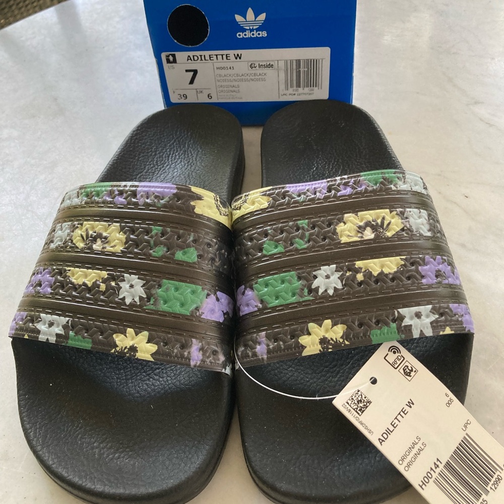 adidas Women's Adilette Slides - Black, Green, Yellow, Purple